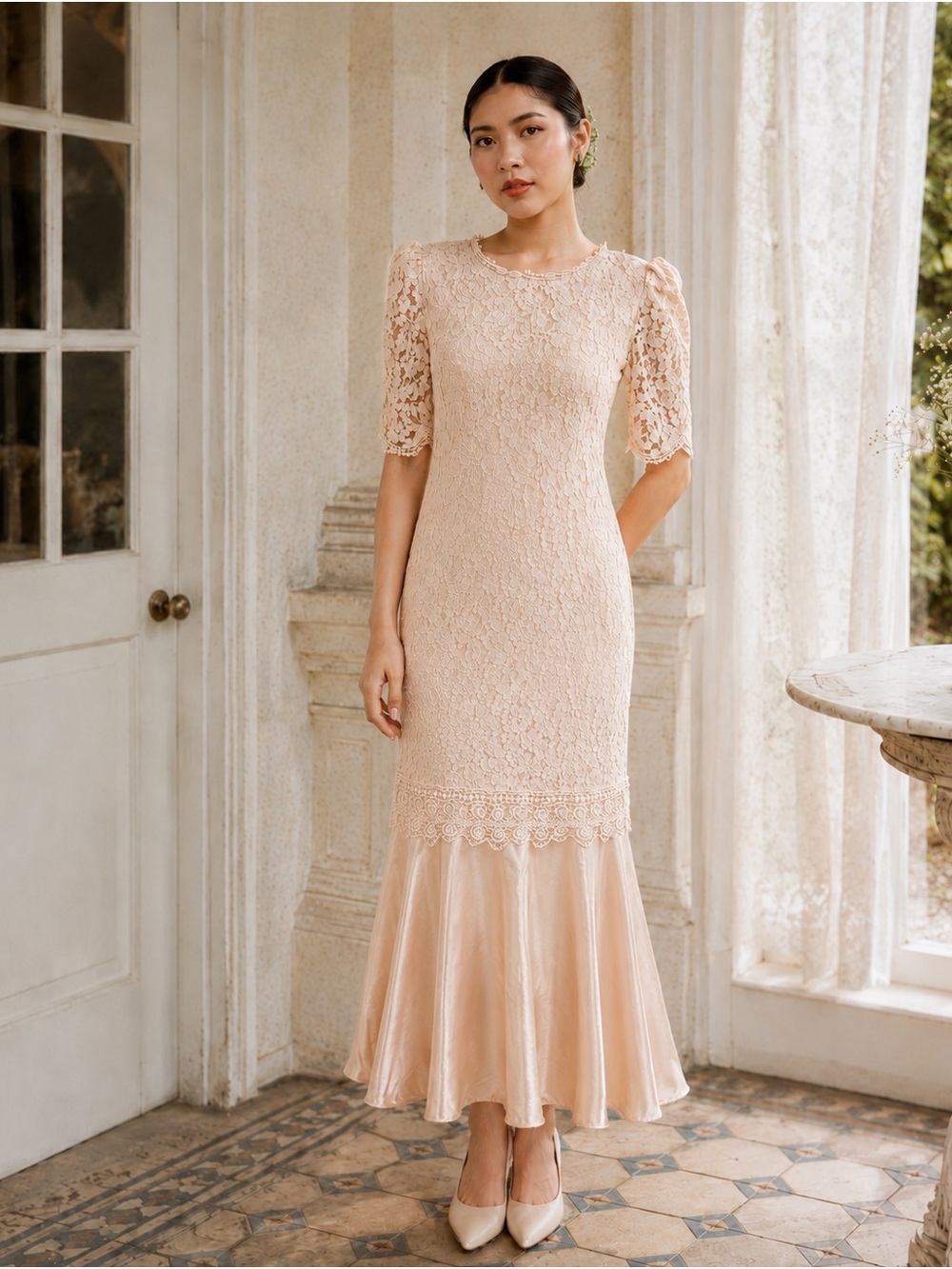Pantagis VTG 80s USA made lace short sleeve satin hem dress in peach pink 11/12